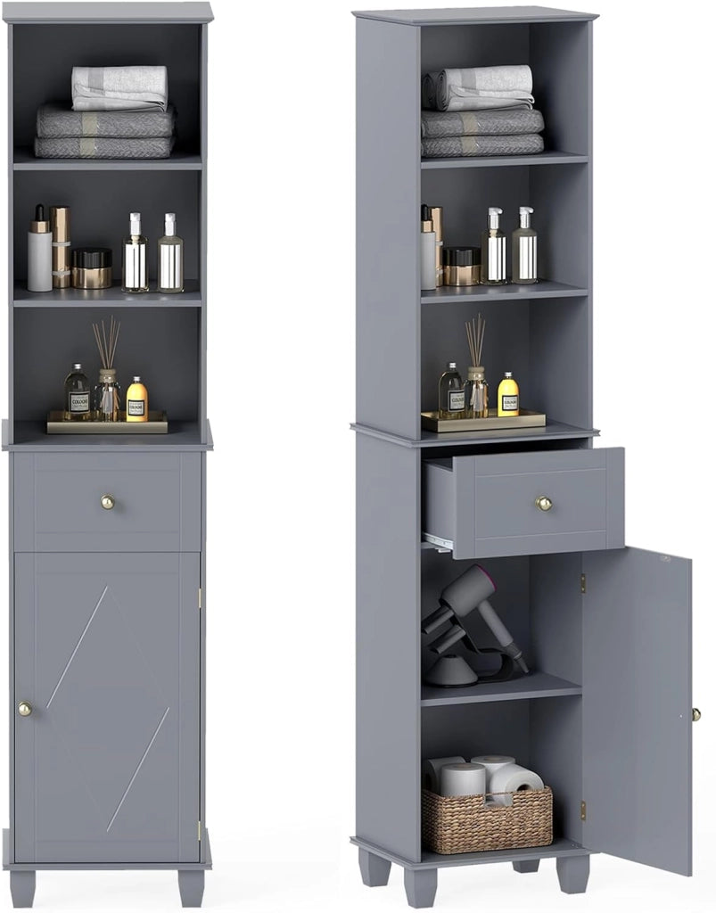 Armadio alto da bagno 172 cm, mobile a colonna da pavimento con 3 ripiani aperti, 1 cassetto e 1 porta, ripiano inferiore regolabile, 40 x 30 x 172 cm, organizer per cucina, soggiorno (grigio)