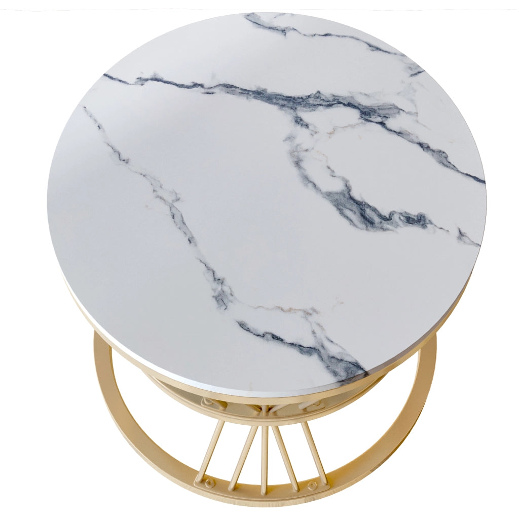 Tavolino da salotto rotondo 70x70x45 cm; set 2 pezzi sovrapponibile; tavolino salotto oro con metallo e piano effetto marmo nero