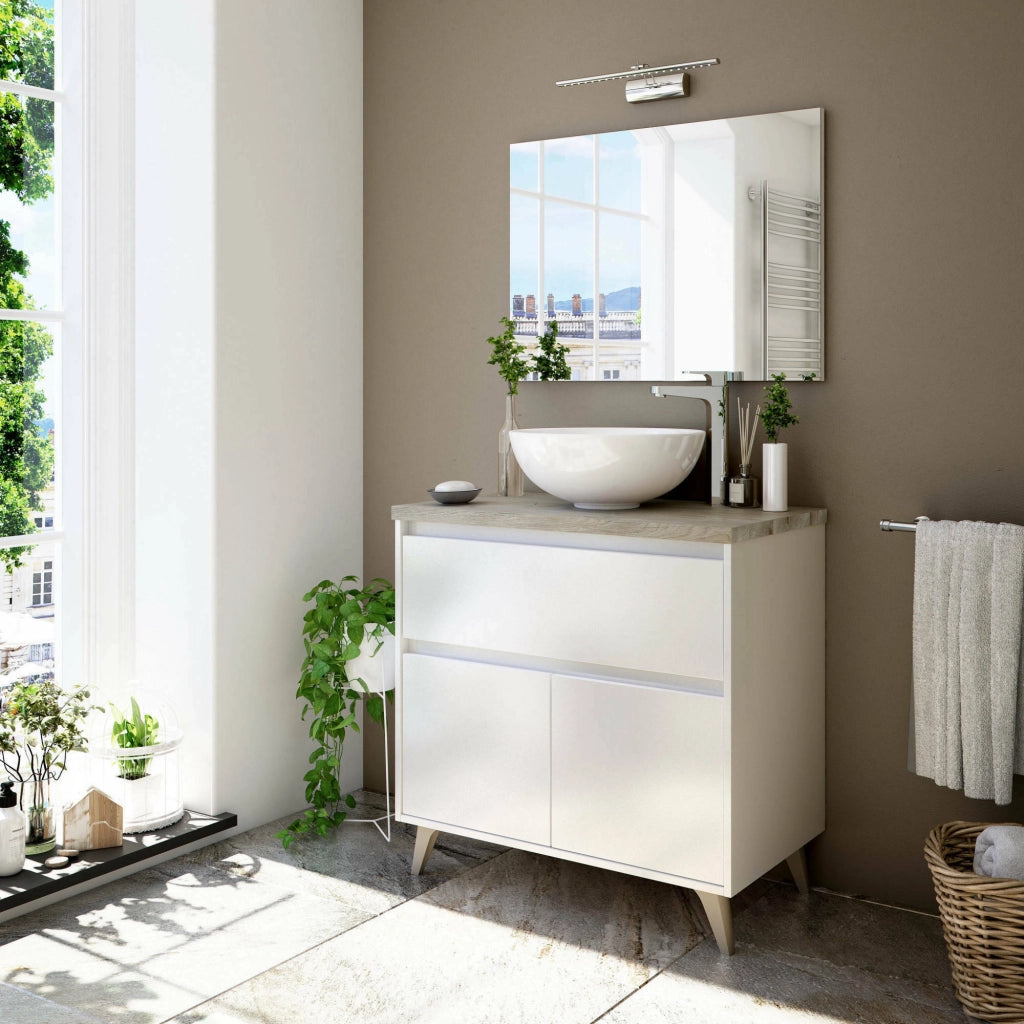 Mobile sottolavabo Furie, Mobiletto per bagno a 2 ante e 1 cassetto, Armadietto da terra, lavabo non incluso, 78,5x46h80 cm, Bianco lucido e Olmo