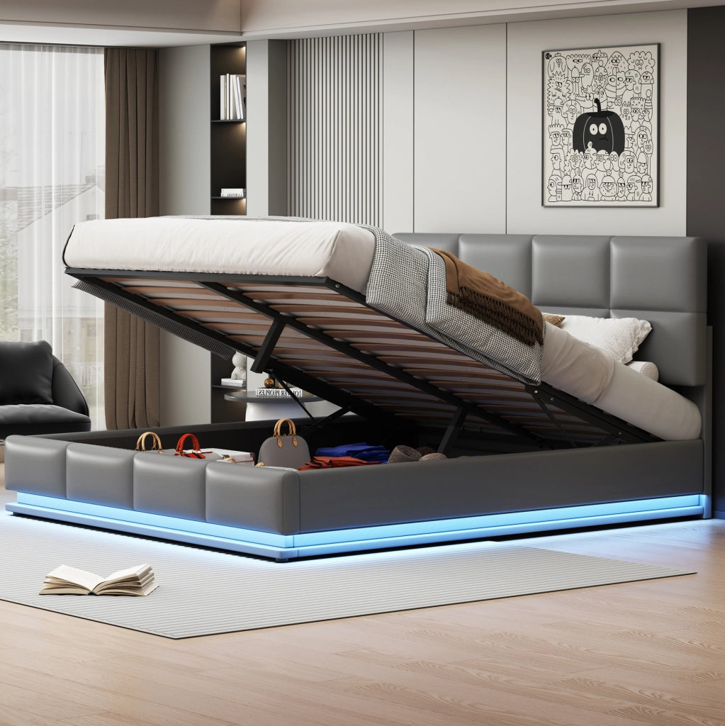 Letto imbottito con LED, contenitore e rete 180 x 200 cm