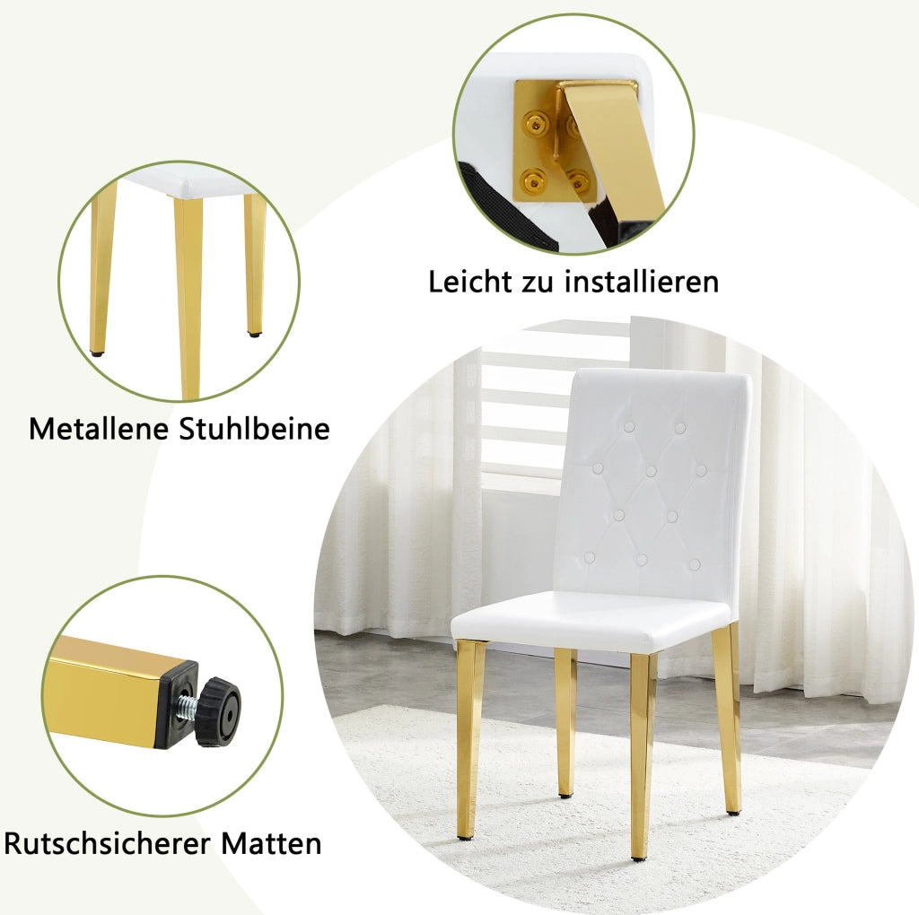 Set di 4 sedie da pranzo in PU bianco con gambe in metallo dorato lucido; 89 cm