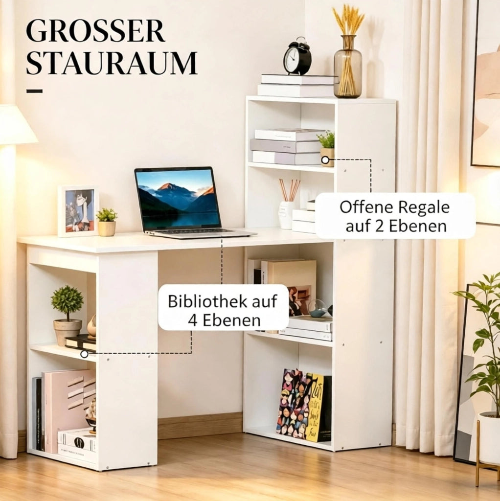 Scrivania bianca in truciolato con libreria integrata e design moderno, 120x55x120 cm