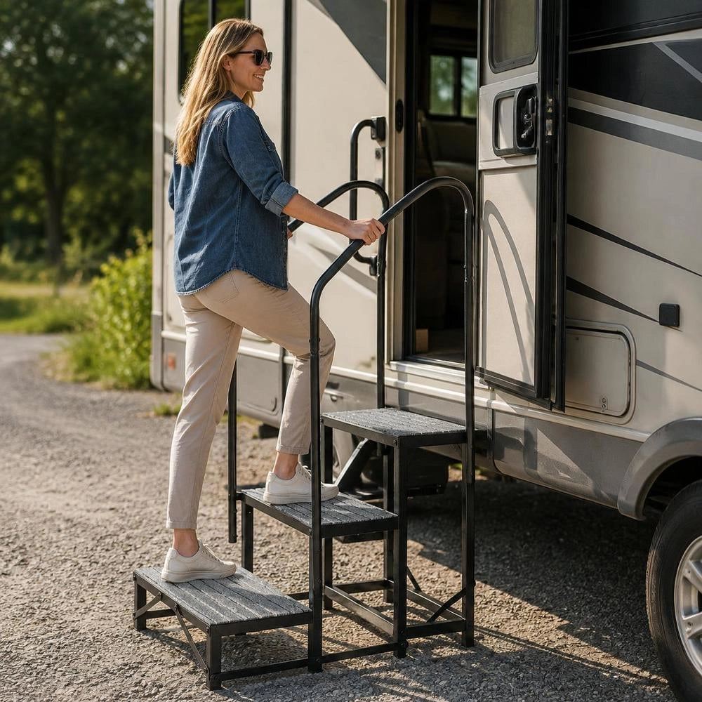RV Steps With Dual Handrails, 3 Steps, 660 Lbs Load Capacity, Heavy Duty Outdoor RV Stairs With Non-Slip Mat For Elderly/Pets, Portable Stairs For Hot Tub, Camper, Mobile Home, Porch, Pool, SPA