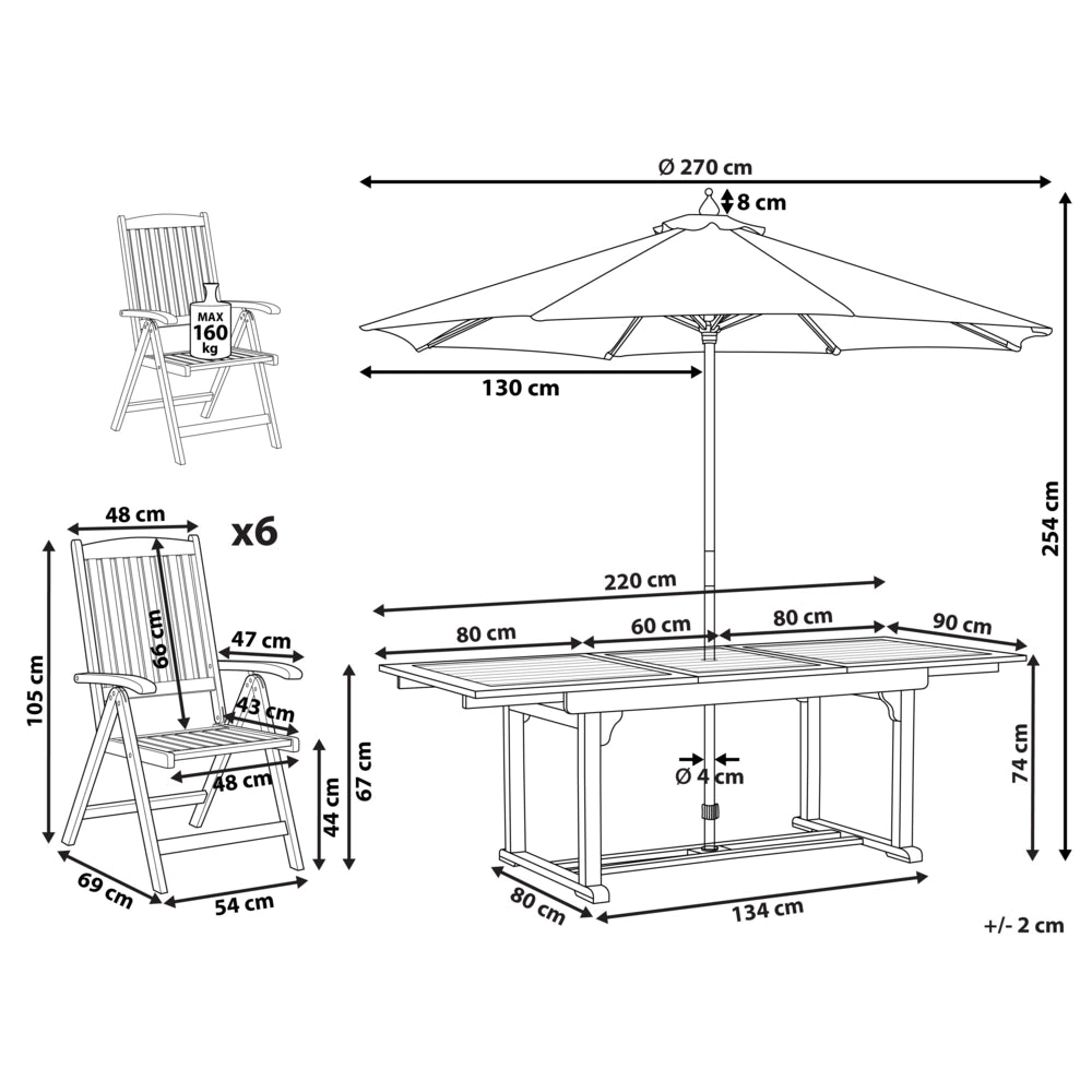 Set da pranzo da giardino in legno di acacia con ombrellone Sedie pieghevoli regolabili a 6 posti in stile country per esterni