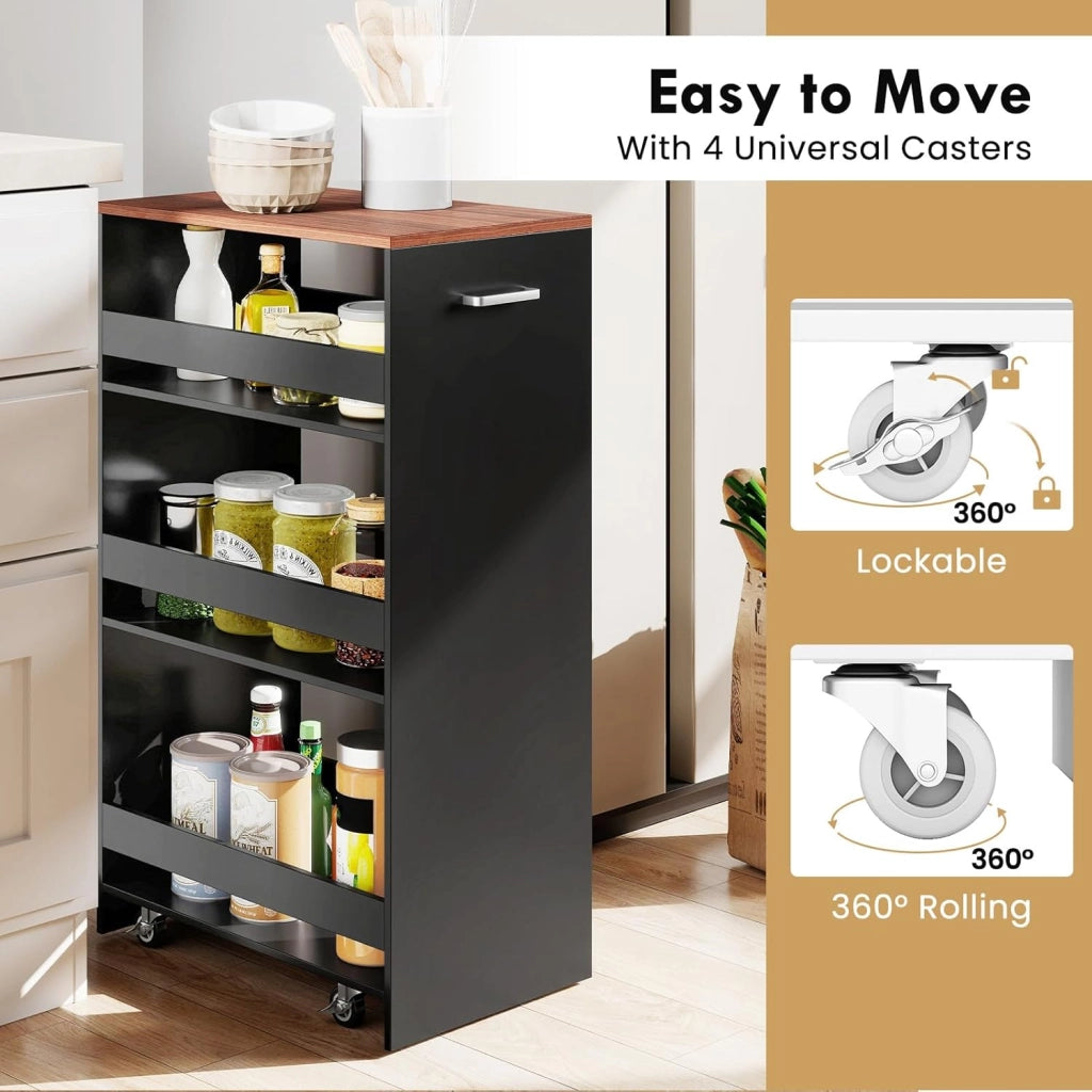 Carrello Portaoggetti a 4 Ripiani con Ruote Rirevoli a 360°, Carrellino Scorrevole con Maniglia Slim, da Bagno, Cucina, Lavanderia, 47,5 x 30 x 80,5 cm (Nero e Marrone)