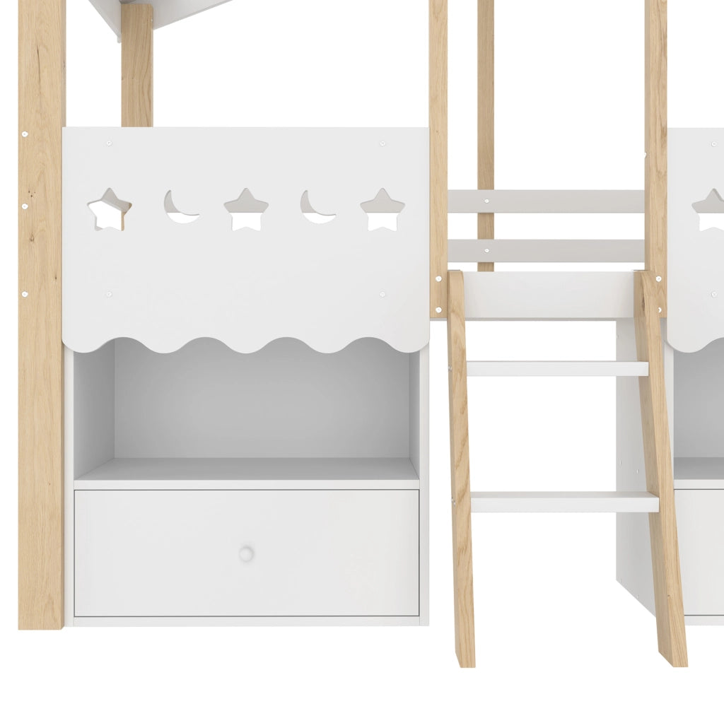 Letto a soppalco per bambini 90x200 cm a casetta con LED, cassetti e ripiani