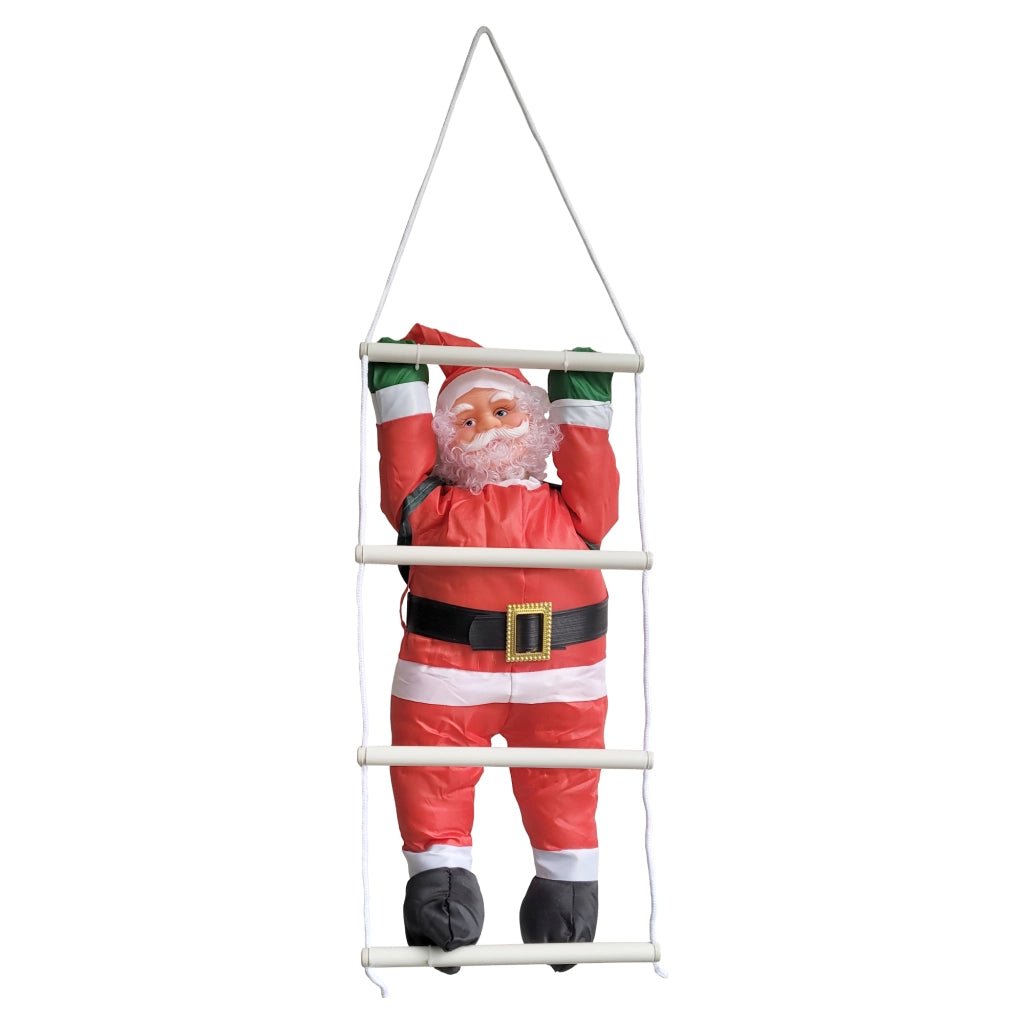 Babbo Natale Rampicante su Scala di Corda - Altezza totale 85 cm - Decorazione Natalizia da Appendere per Uso Esterno/Interno