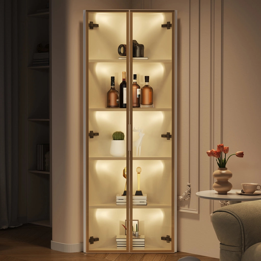 Vetrina angolare LED bianca 62 x 35 x 160 cm in MDF e vetro di sicurezza