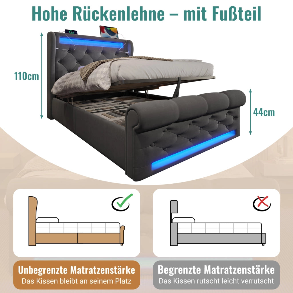 LETTO imbottito contenitore 90x200 cm velluto grigio con LED e USB + Type-C