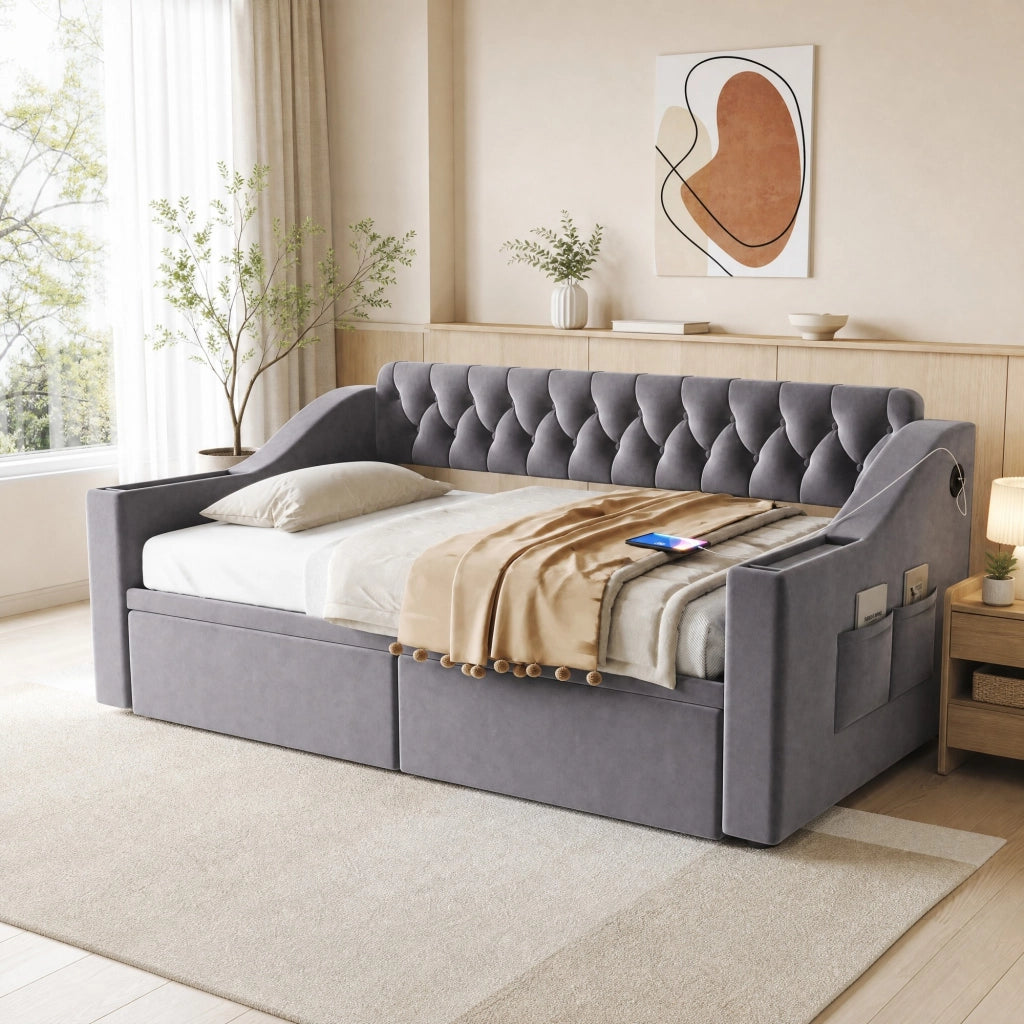 Letto imbottito 90x190 cm con divano letto, tessuto velluto, 2 cassetti contenitore, porte USB e struttura in metallo, grigio scuro