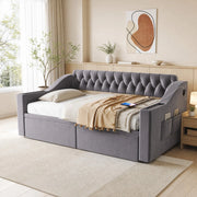 Letto imbottito 90x190 cm con divano letto, tessuto velluto, 2 cassetti contenitore, porte USB e struttura in metallo, grigio scuro