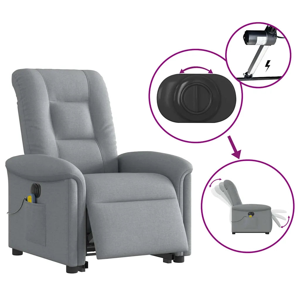 vidaXL Poltrona Alzapersona Massaggi Elettrica Grigio Chiaro Tessuto