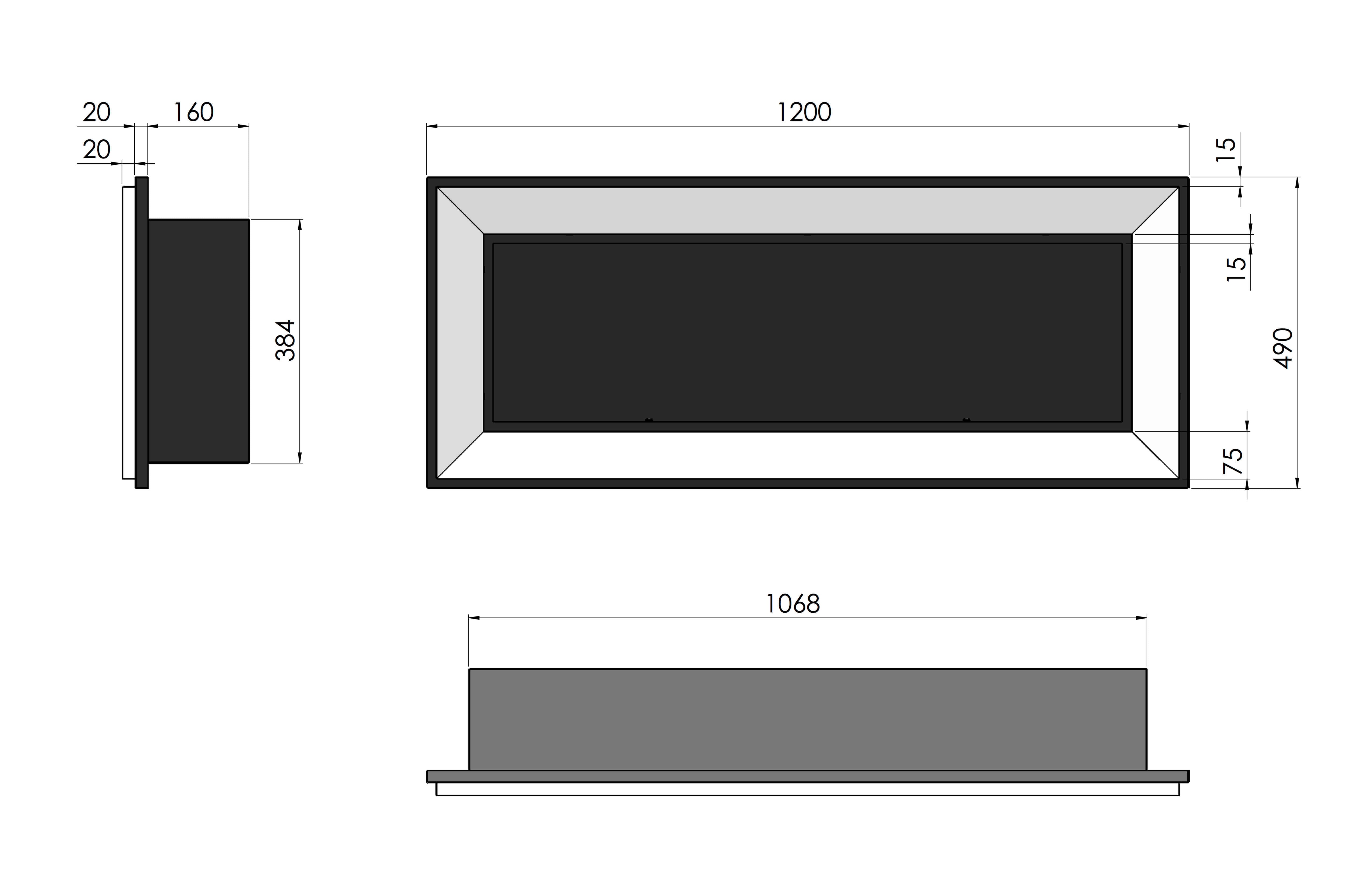 Camino a Bioetanolo da Parete/Incasso 120x49 cm Frame 1200 Inox con Vetro