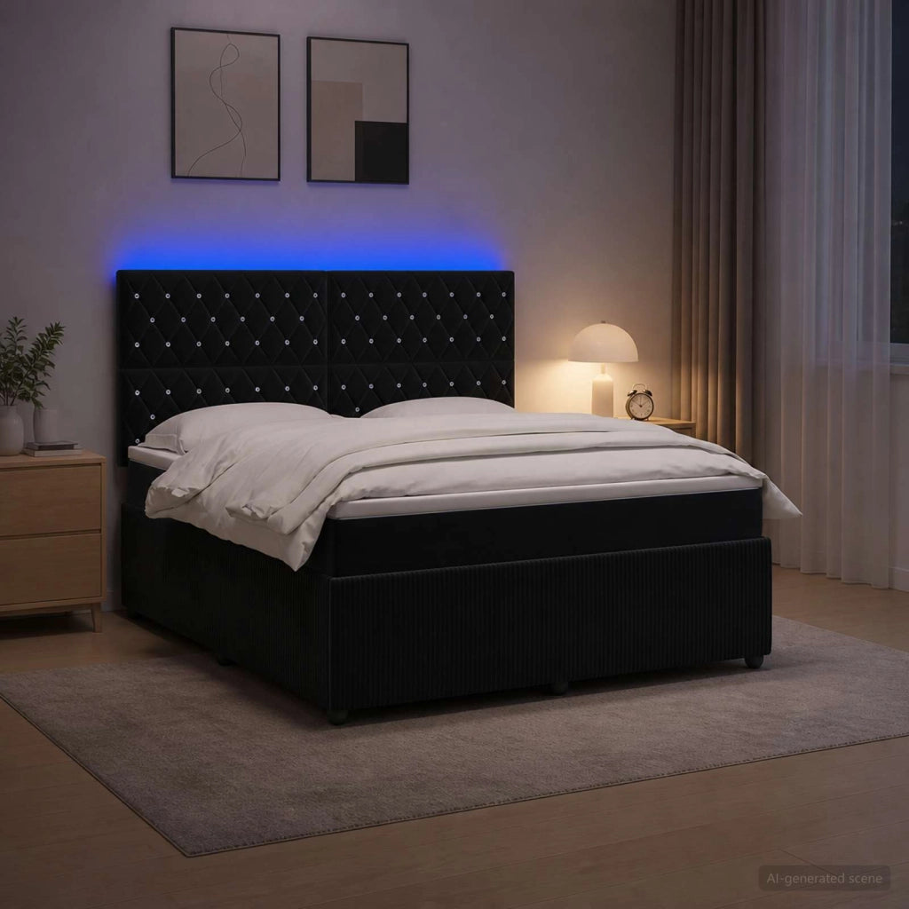 Letto Box Spring LED con Materasso Nero 160 x 200 cm Velluto 3456097