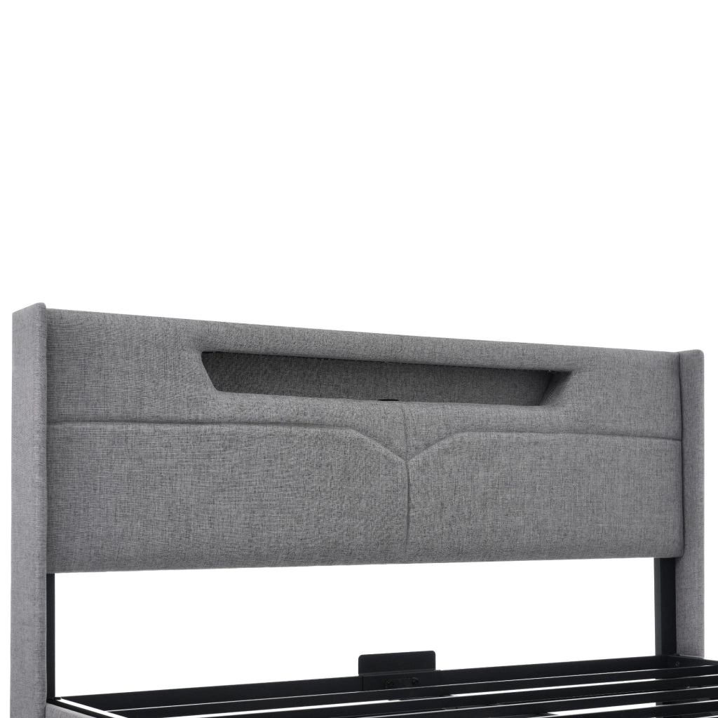 Letto matrimoniale 140x200 cm in tessuto lino grigio con LED; USB e contenitore