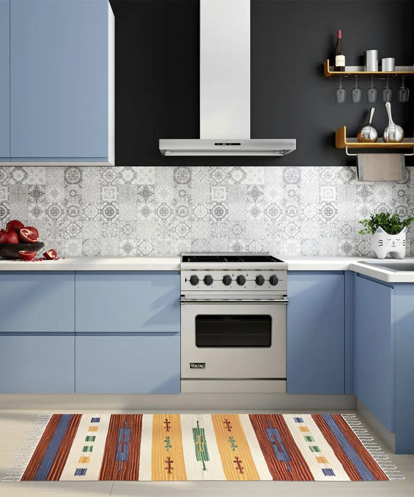 Tappeto KELIM 04 disegni etnici orientali colori vivaci cm.120x180 tessuto e frangia 100% cotone, lavabile in lavatrice