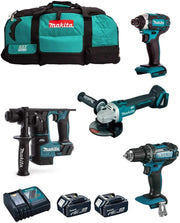 MAKITA Kit MK401 (Trapano Avvitatore DDF482 + Tassellatore DHR171 + Mini-Smerigliatrice DGA504 + Avvitatore ad Impulsi DTD152 + 2 Batterie 5,0 Ah + Caricabatterie + LXT600)