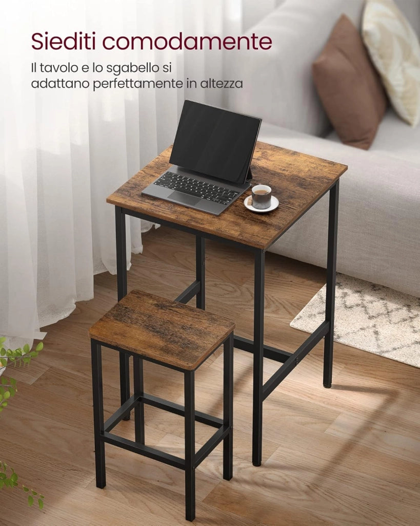 VASAGLE Tavolo Bar con 2 Sgabelli, Cucina Piccolo 60 x 60 x 90 cm, Ogni Sedia di 30 x 40 x 65 cm, Sala da Pranzo, Industriale, Marrone Vintage e Nero LBT017B01