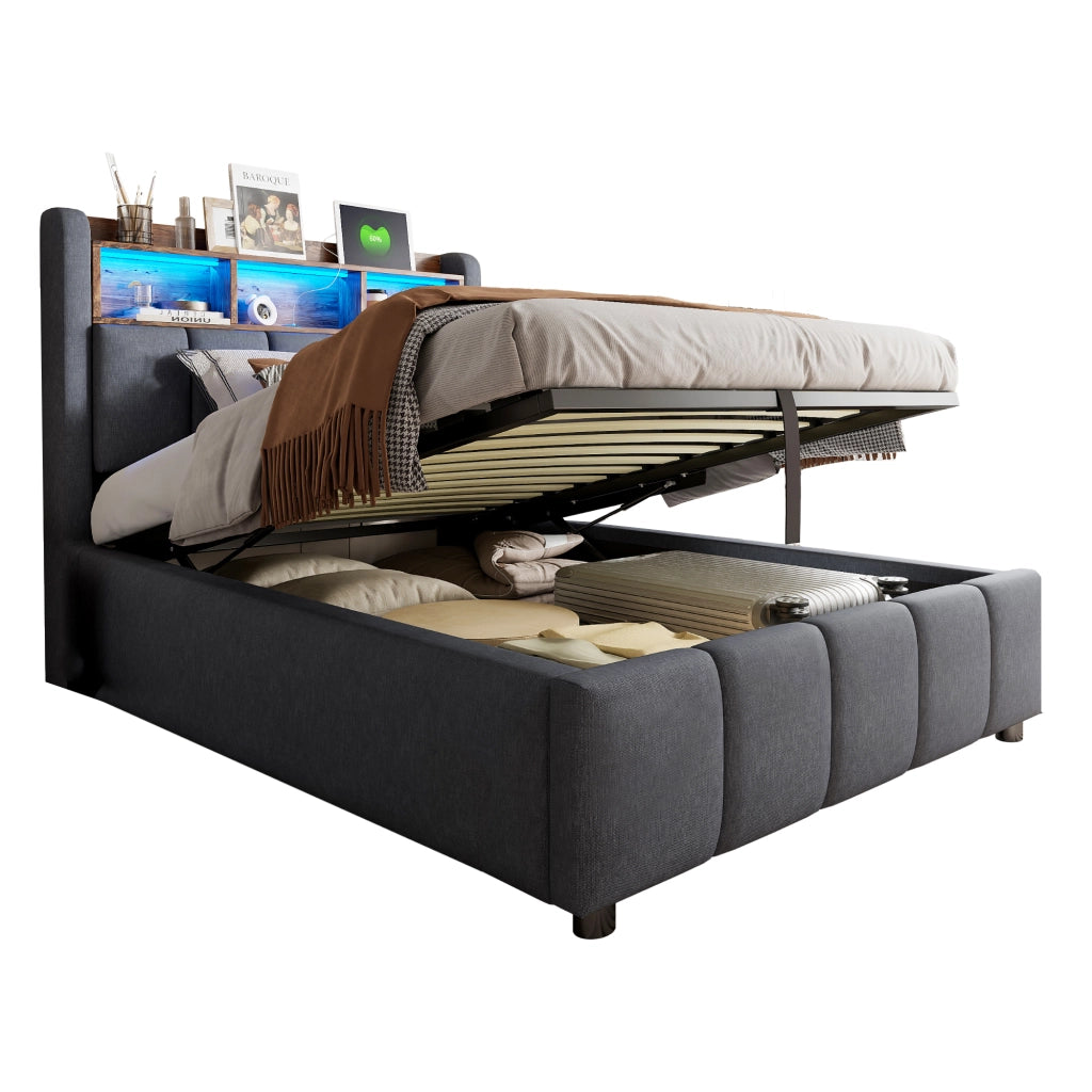 Letto imbottito singolo 90x200 cm con contenitore idraulico, LED RGB, USB e testiera con ripiani, grigio
