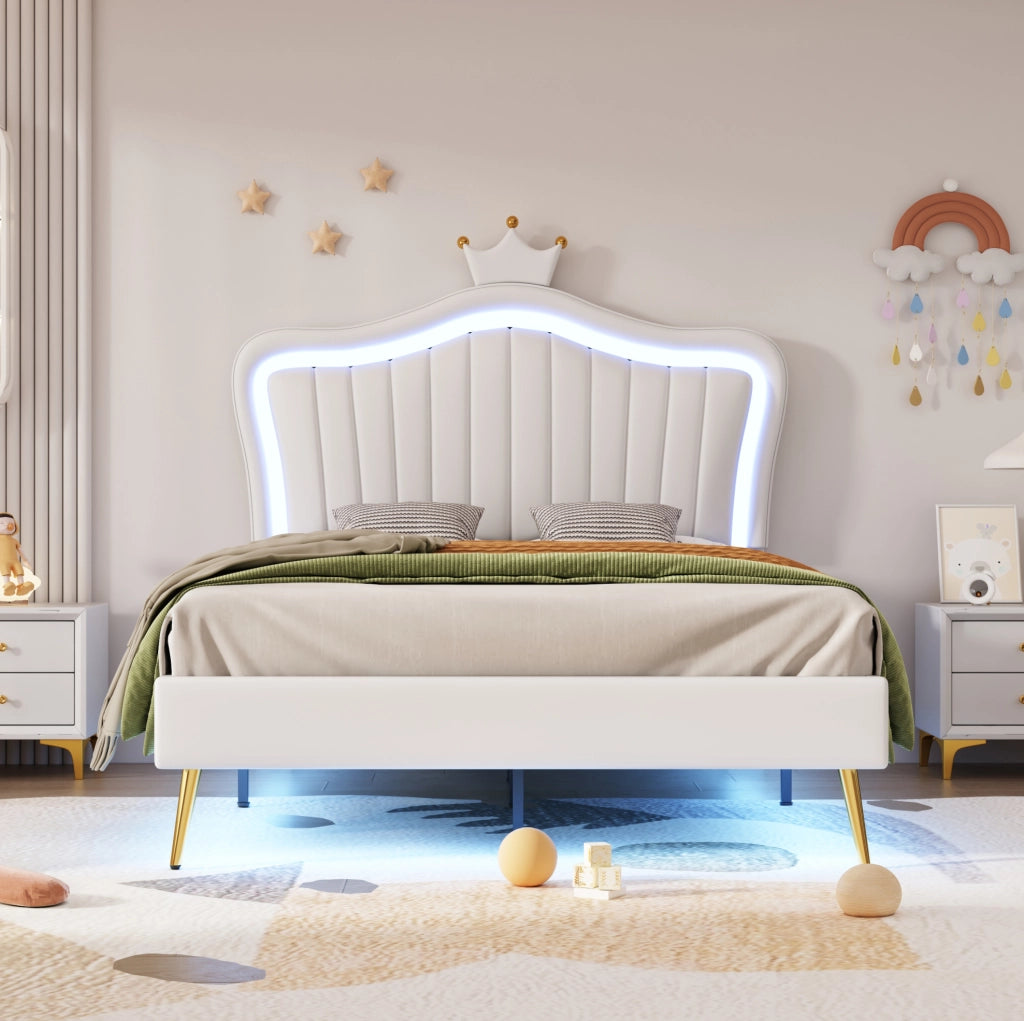 Letto imbottito per bambini 90 x 200 cm con LED; testiera regolabile e rete a doghe; bianco