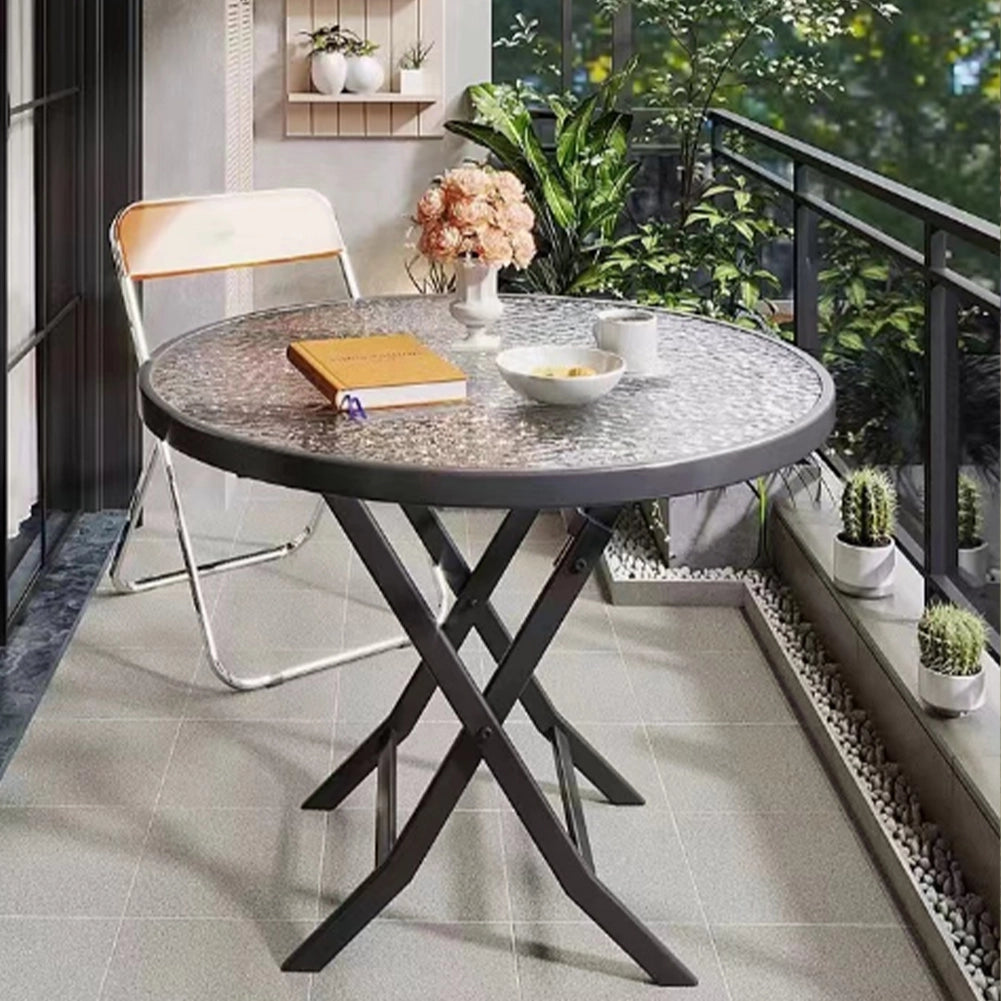 Tavolino Pieghevole Rotondo con Struttura Nera Tavolo Piano in Vetro 60x60x71cm