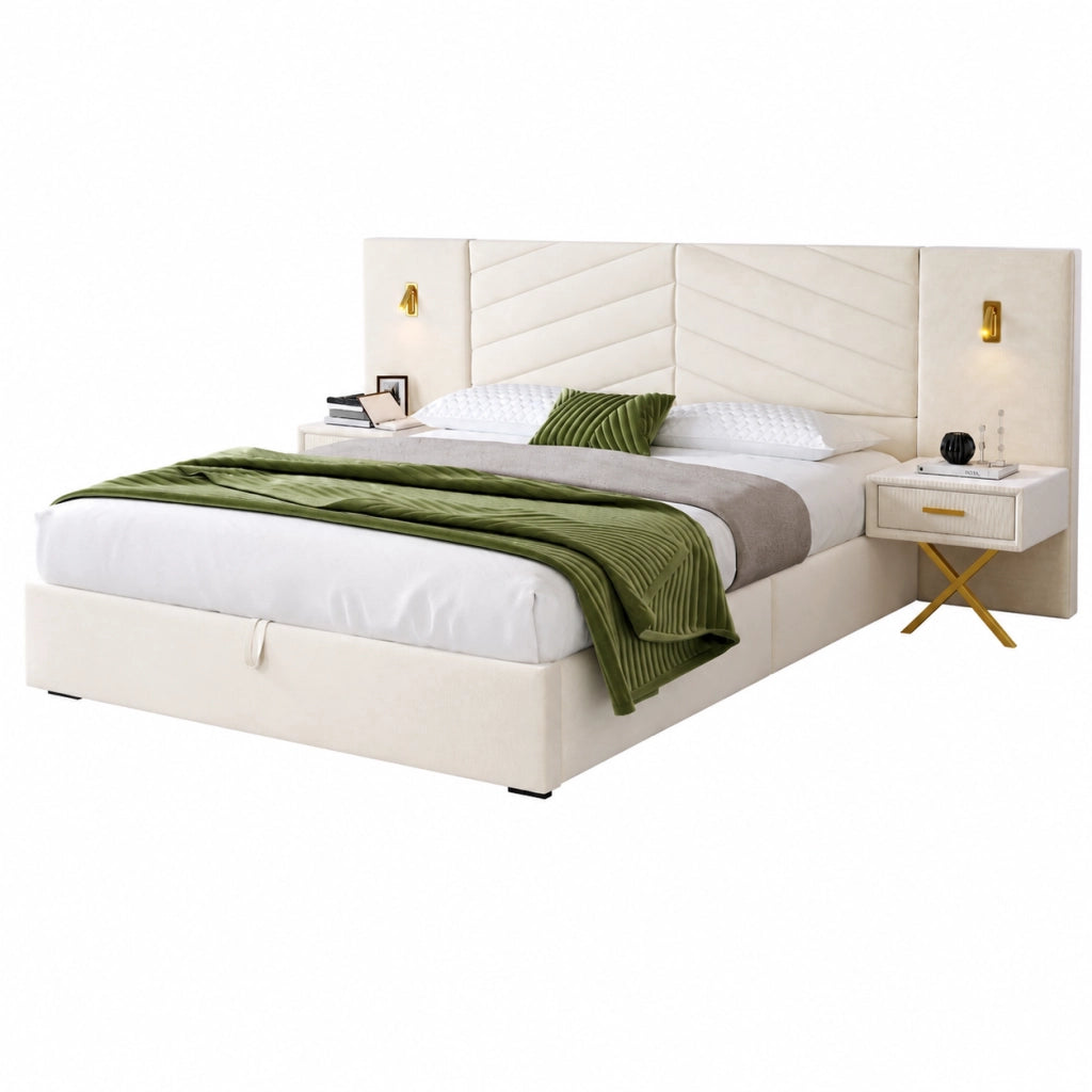 Letti contenitori 160x200 cm; alzata a gas; legno; beige bianco