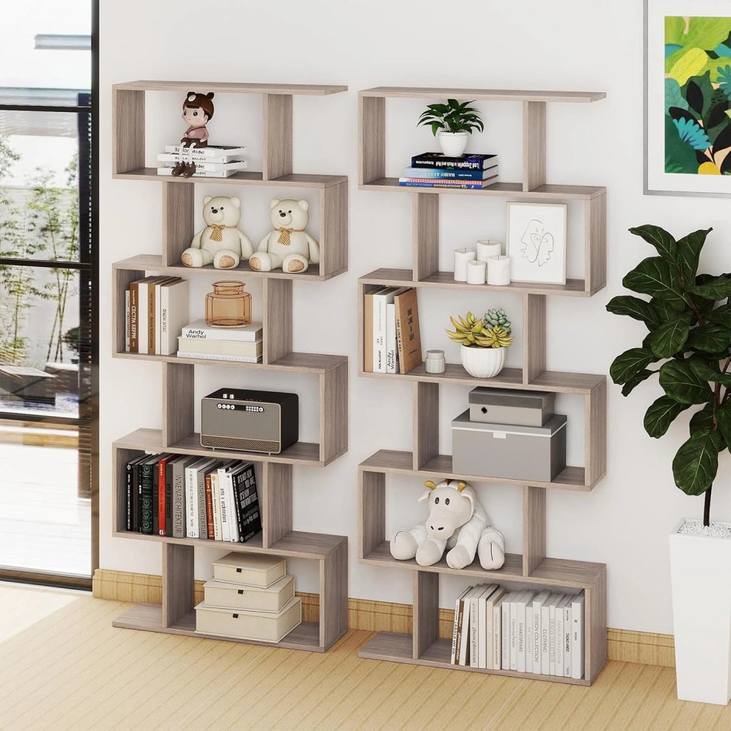 Scaffale a 6 Ripiani, Libreria a Forma di S, Libreria Scaffale da Terra in Legno, Divisorio per Soggiorno, Camera da Letto, Ufficio, 80 x 23 x 192 cm (Quercia)