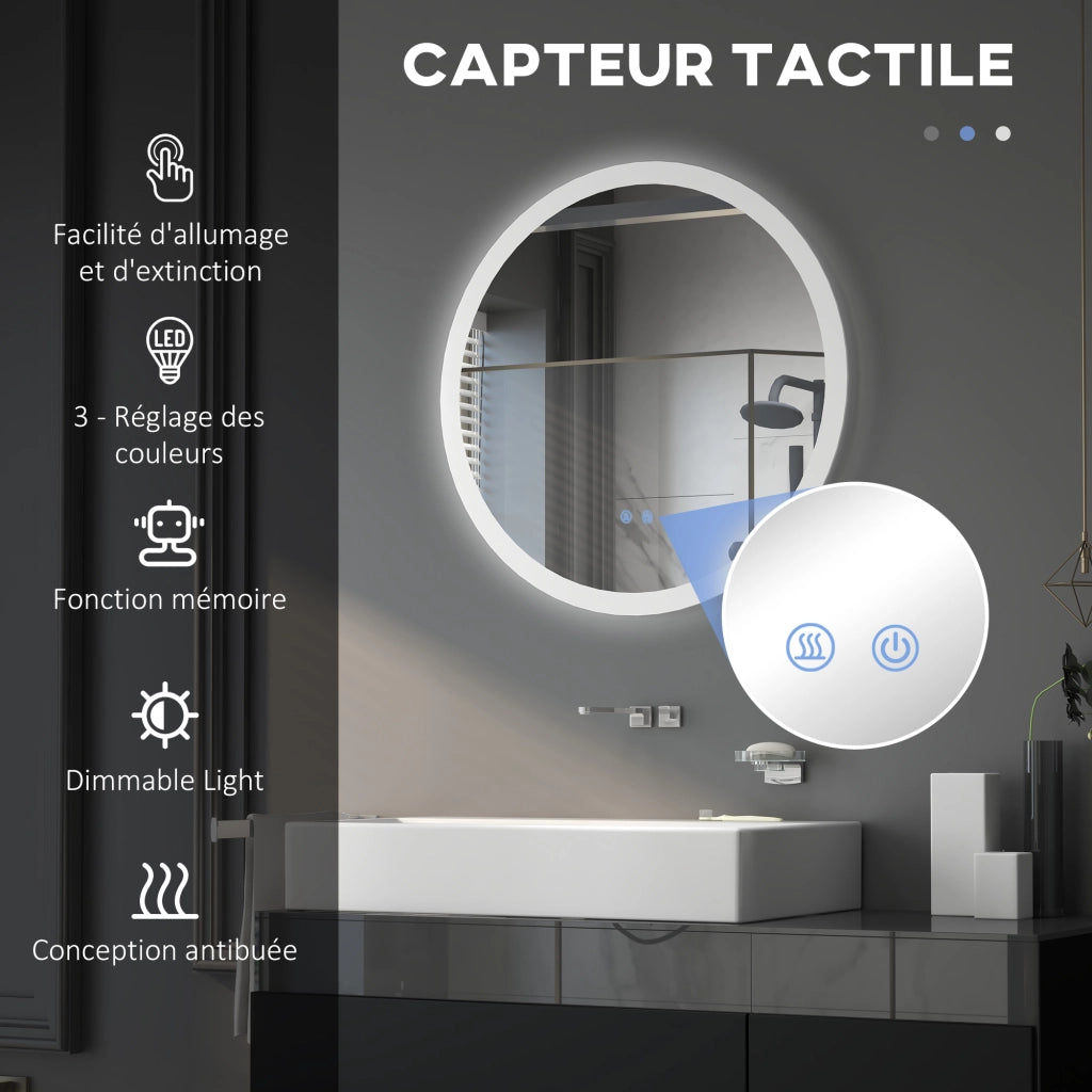 Specchio da bagno LED rotondo con antibu¨¦e 70 cm ¨C zephmum ¨C bianco argento 35W