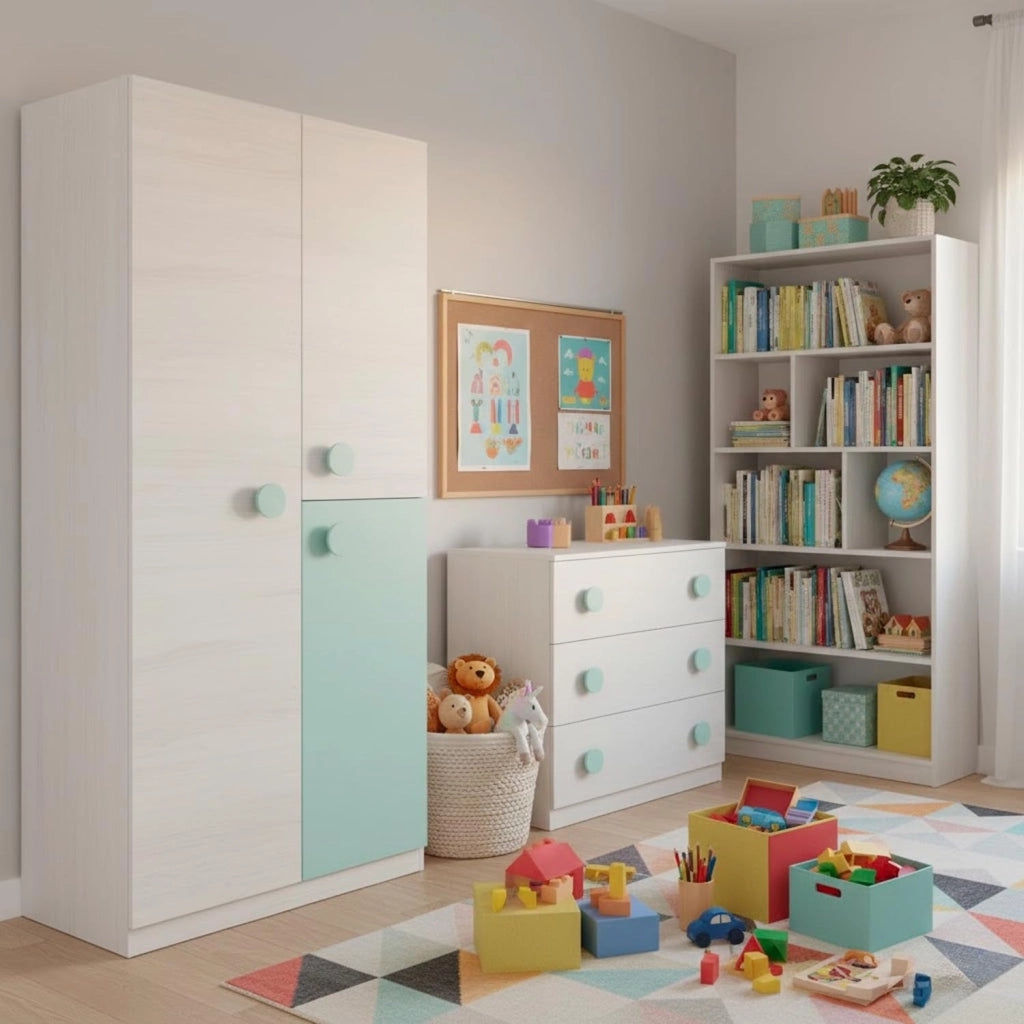 Mobile Guardaroba Compatto Armadio  Con Barra Appendiabiti E Ripiani Ideale Per Cameretta E Camera Da Letto Design Moderno 200 X 90 X 52 Cm Bianco Alpi E Verde Acqua