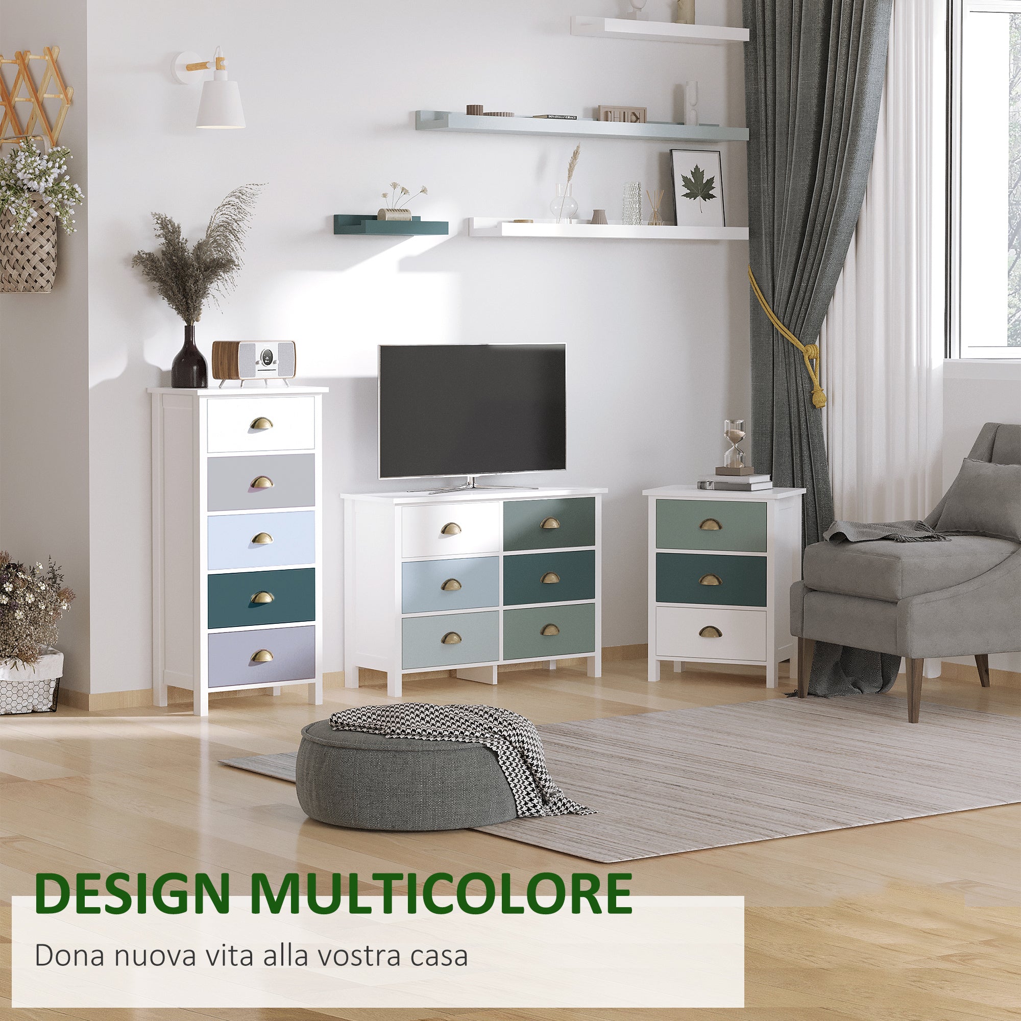 Mobile Cassettiera con 5 Cassetti Colorati Comò Alto e Salvaspazio in MDF Multicolore Blu