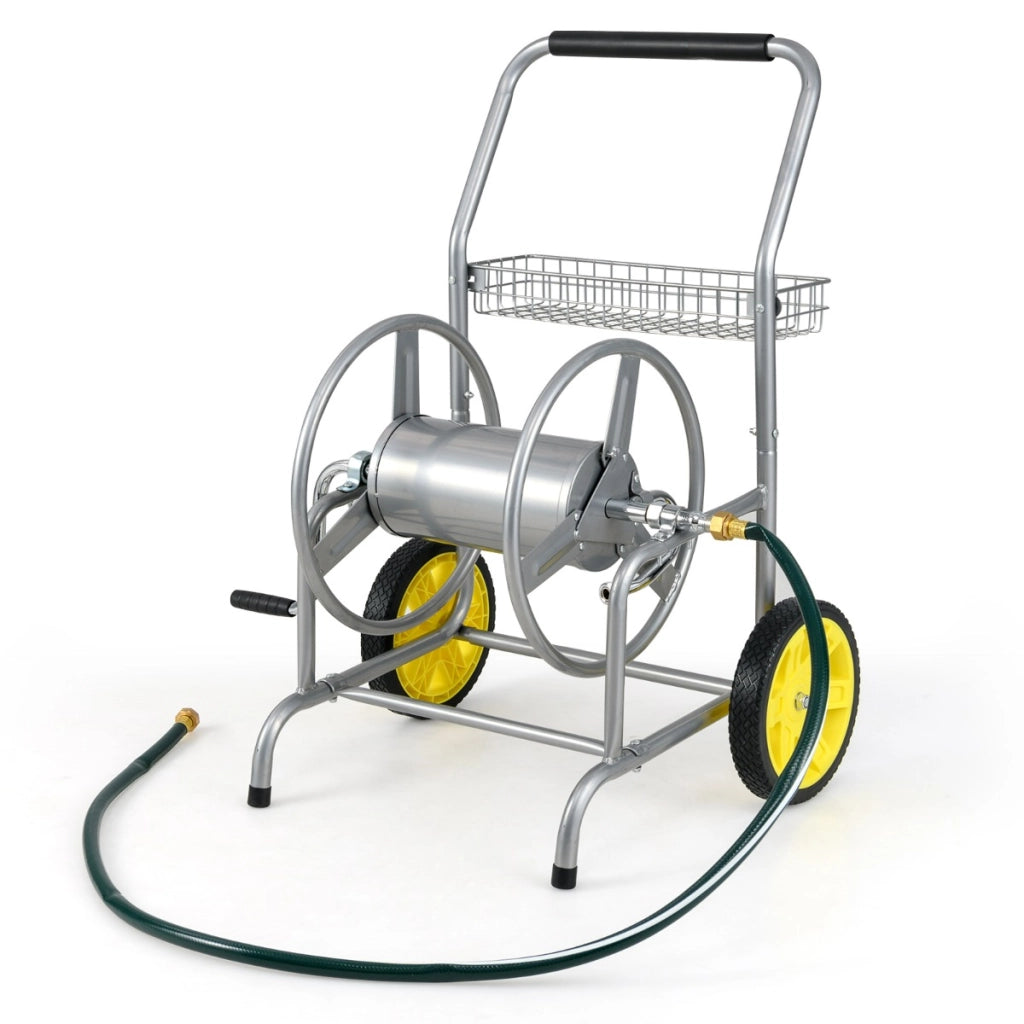 Carrello avvolgitubo da giardino con 2 ruote e cestino portaoggetti, Carrello tubo da giardino per esterni e giardino Argento-Attrezzi da giardino