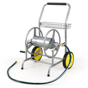 Carrello avvolgitubo da giardino con 2 ruote e cestino portaoggetti, Carrello tubo da giardino per esterni e giardino Argento-Attrezzi da giardino