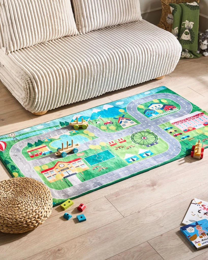 Tappeto Verde Poliestere 80 x 150 cm Mappa Stradale Città Viaggio a Tema Tappetino da Gioco