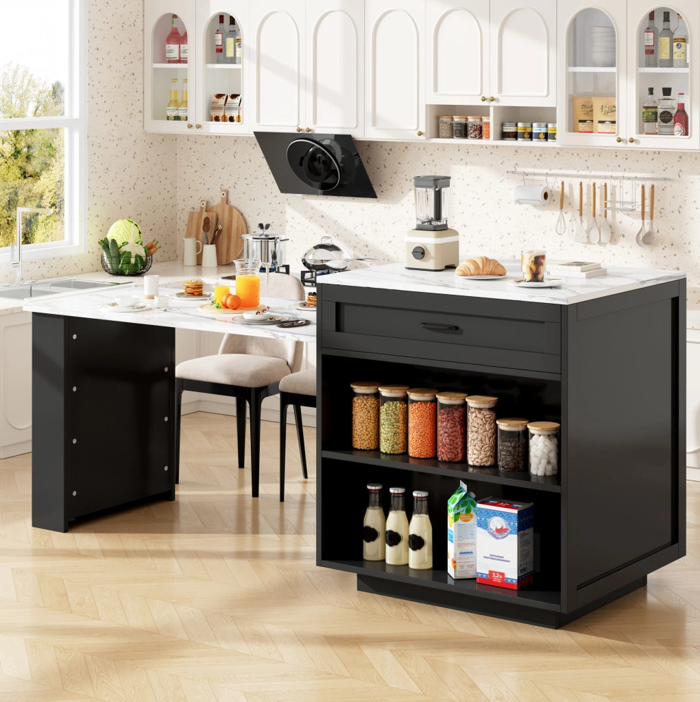Tavolo bar estensibile nero con contenitore, MDF, ruote bloccabili 98-204 cm