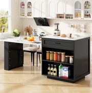 Tavolo bar estensibile nero con contenitore, MDF, ruote bloccabili 98-204 cm