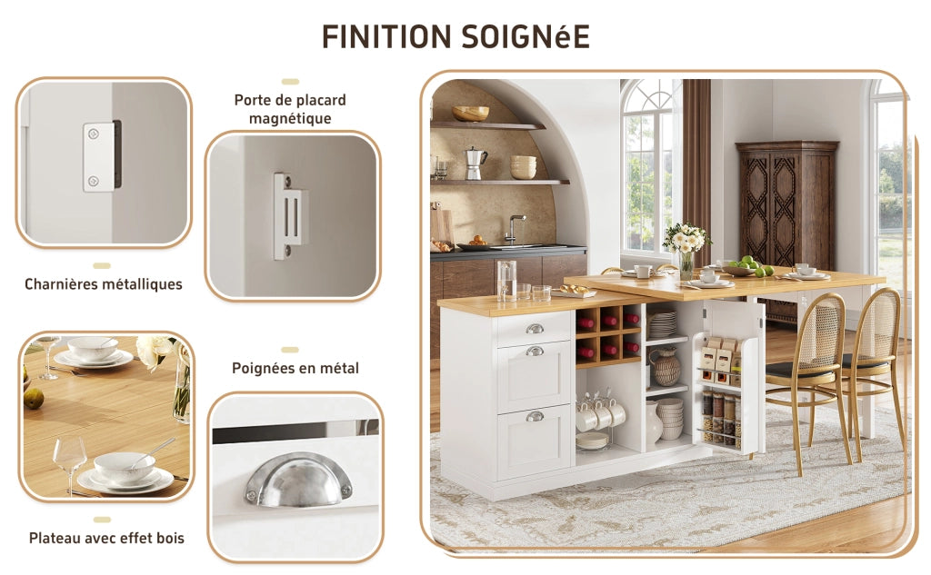 Tavolo da pranzo estensibile con cassetto e vano portabottiglie, per cucina e soggiorno, bianco, 120 × 40 × 74 cm