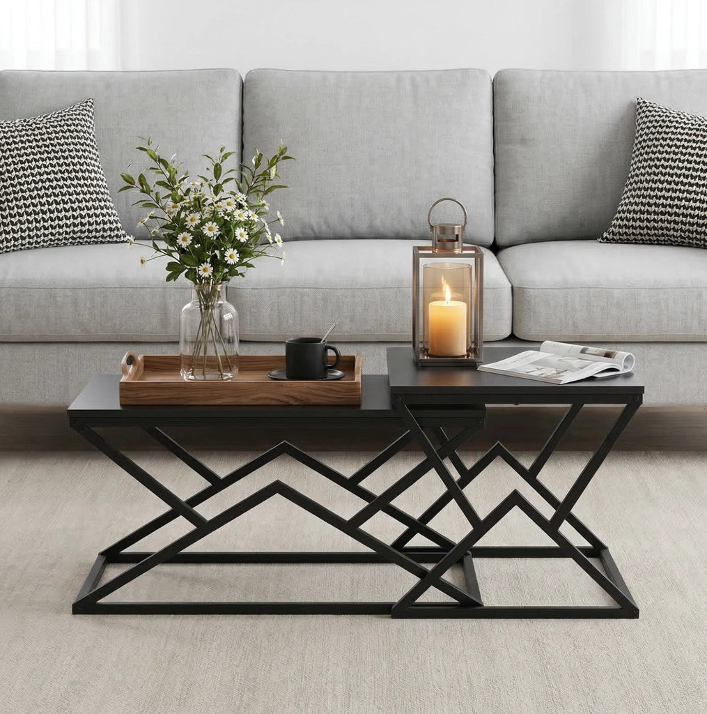 Tavolino da caffè moderno geometrico 80x50x40 cm in truciolare e metallo nero