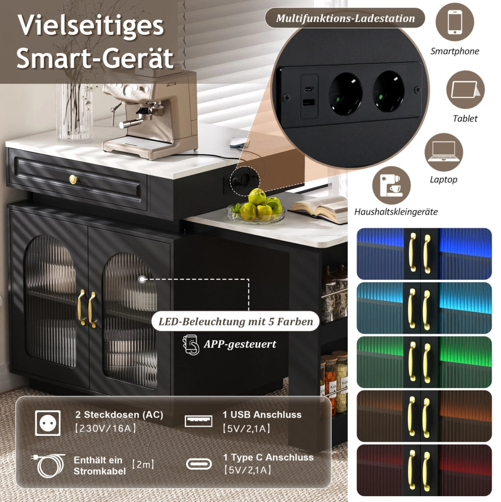 Isola cucina estensibile con LED e ricarica USB/Type-C, nera