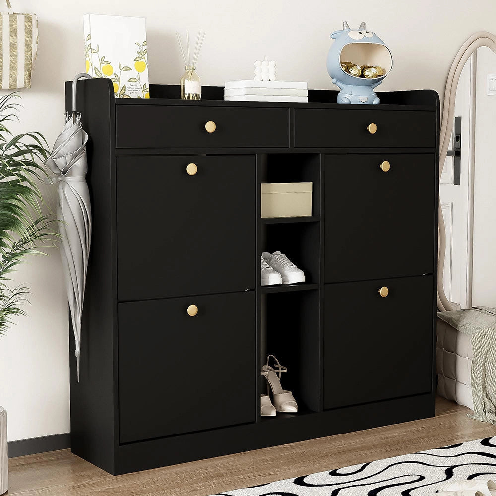 Armadio per scarpe elegante nero - Xylo - 110x26x100 cm - 4 ante, 2 cassetti, 3 scomparti aperti