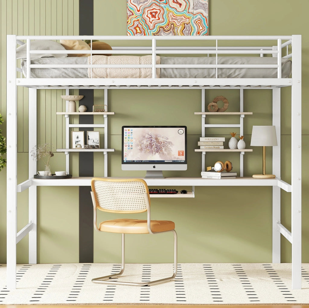 Letto a soppalco 140x200 cm con scrivania e scaffali in metallo e MDF bianco