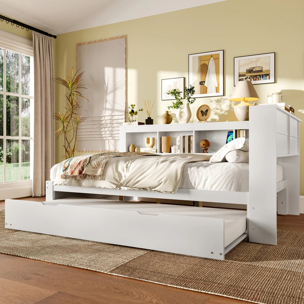 Divano letto bianco 140x200 cm con letto estraibile, prese USB e 2 cassetti
