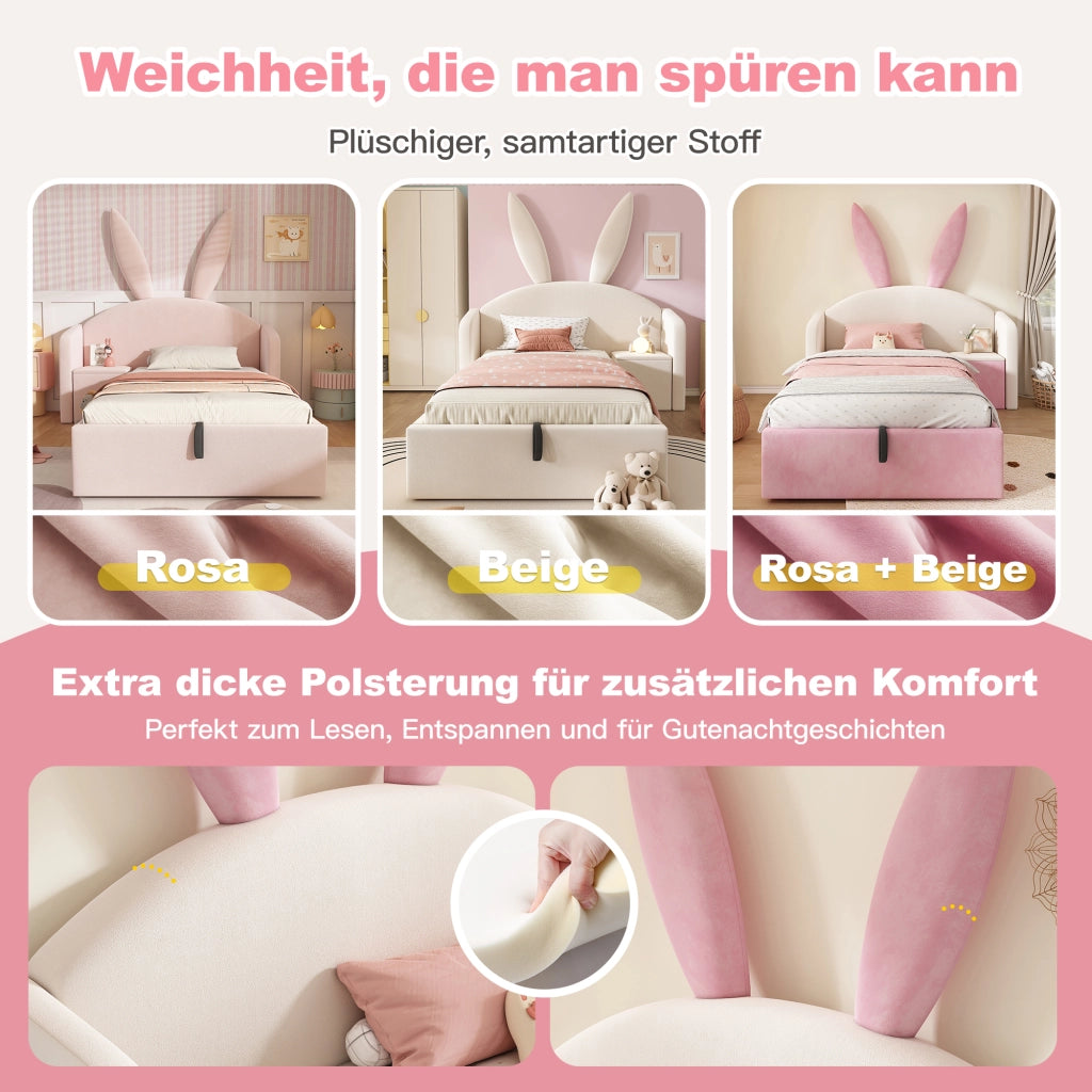 Letto imbottito con vano contenitore 90x190 cm velluto beige-rosa