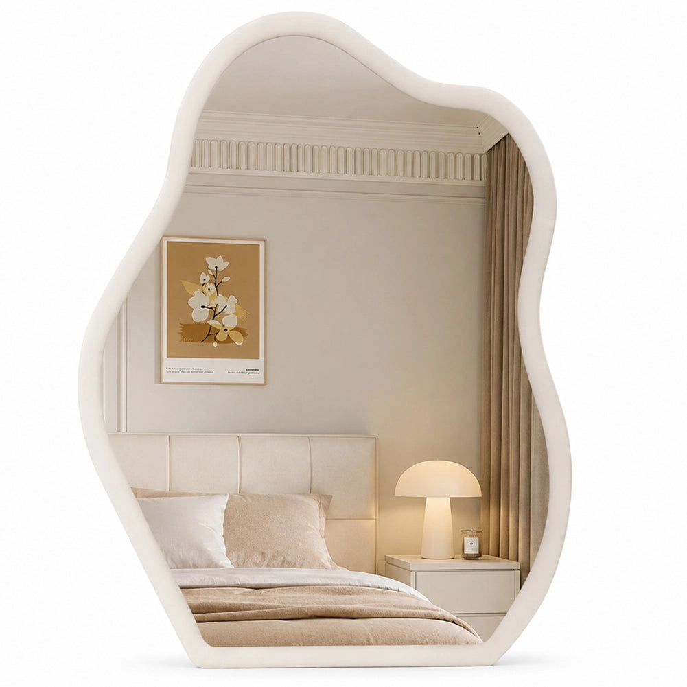 Specchio Asimmetrico da Parete Bianco Cornice Legno Decorazione Interni 46x60 cm