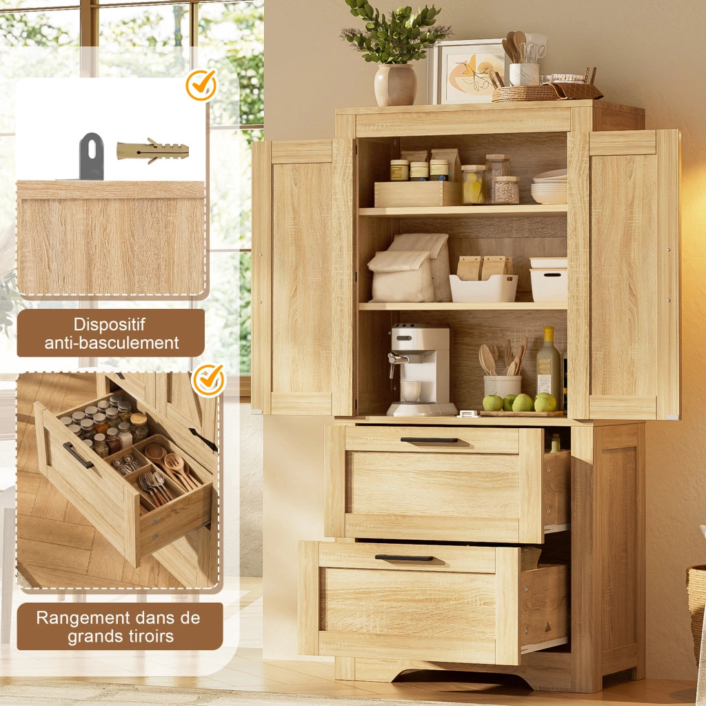 Credenza con 2 cassetti e ripiani regolabili in stile rustico per cucina, sala da pranzo e soggiorno in MDF naturale