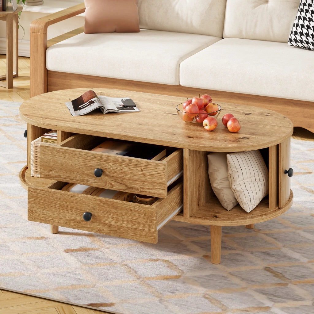 Tavolino ovale, finitura effetto legno, ante scorrevoli, 2 cassetti, in MDF, color legno naturale