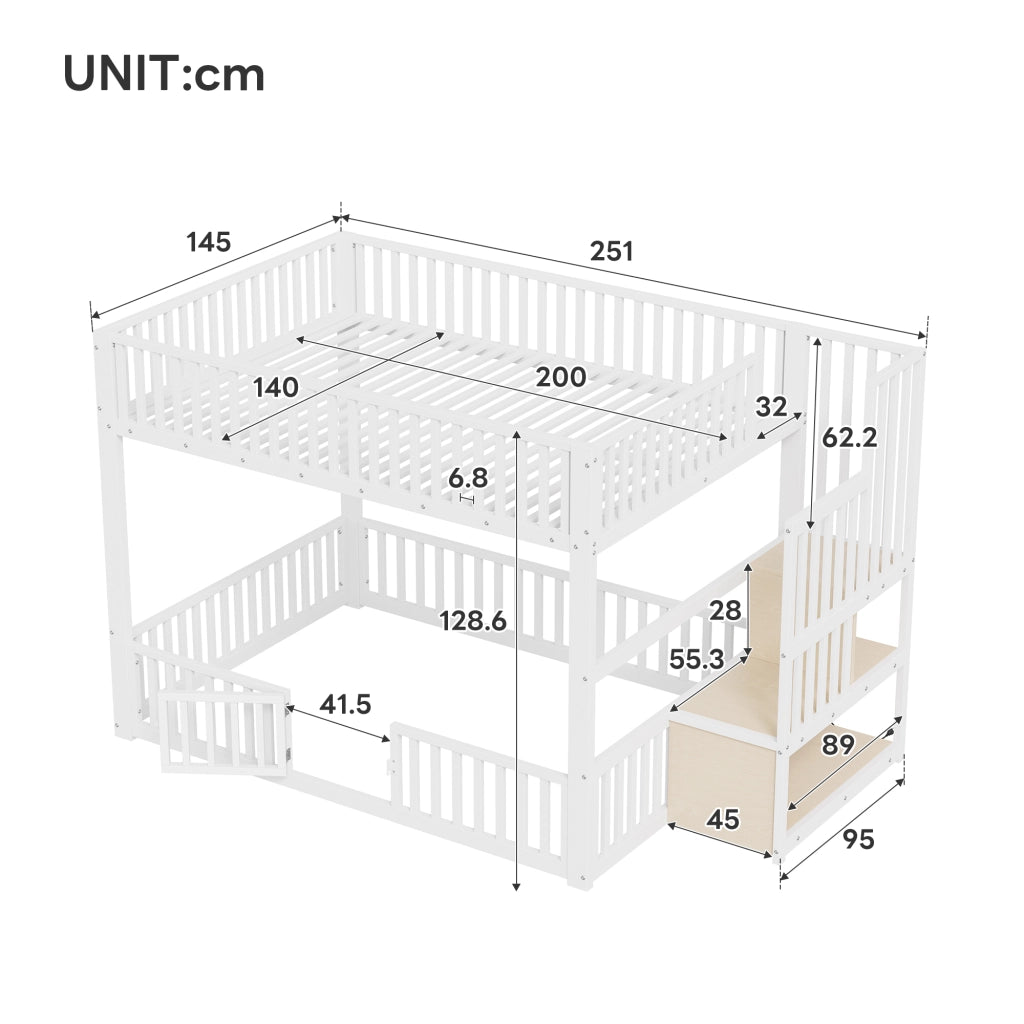 Letto a castello 140 × 200 cm con scala contenitore, LED regolabile, senza materasso, bianco