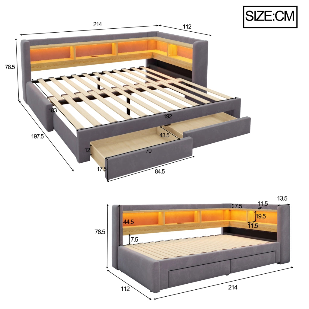 Divano letto estraibile 3 in 1 90x200 cm con cassetti; LED e presa; grigio