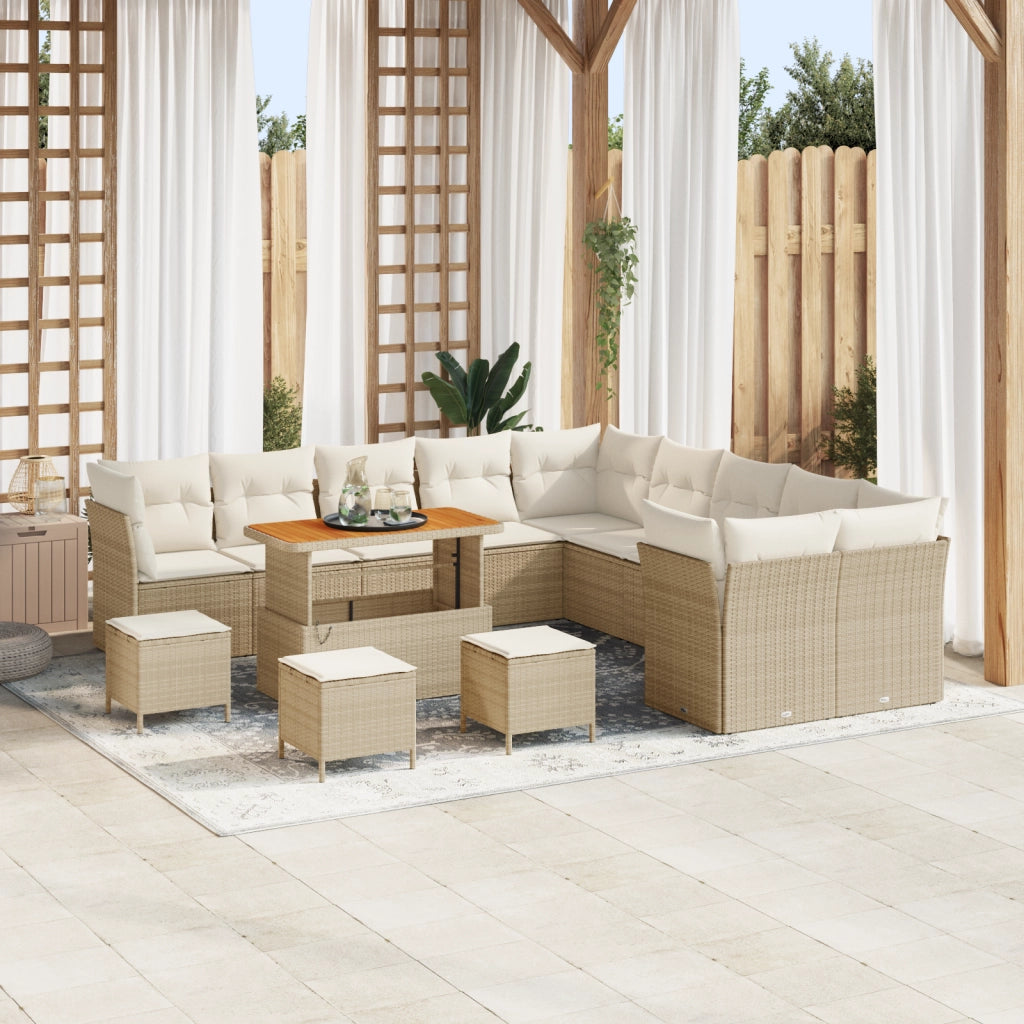 Set Divano da Giardino 14 Pezzi con Cuscini Beige Rattan Acacia