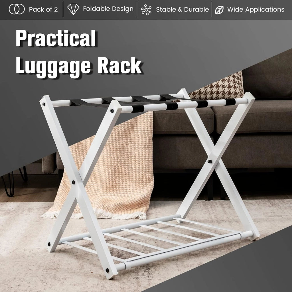 2 Pz di Portavaligia Pieghevole, Portata 70 kg, a 2 Ripiani, con Scarpiera, Struttura in Ferro, Multiuso Salvaspazio, Ideale per Viaggio e Hotel, 63,5x44x67 cm, 2 Colori