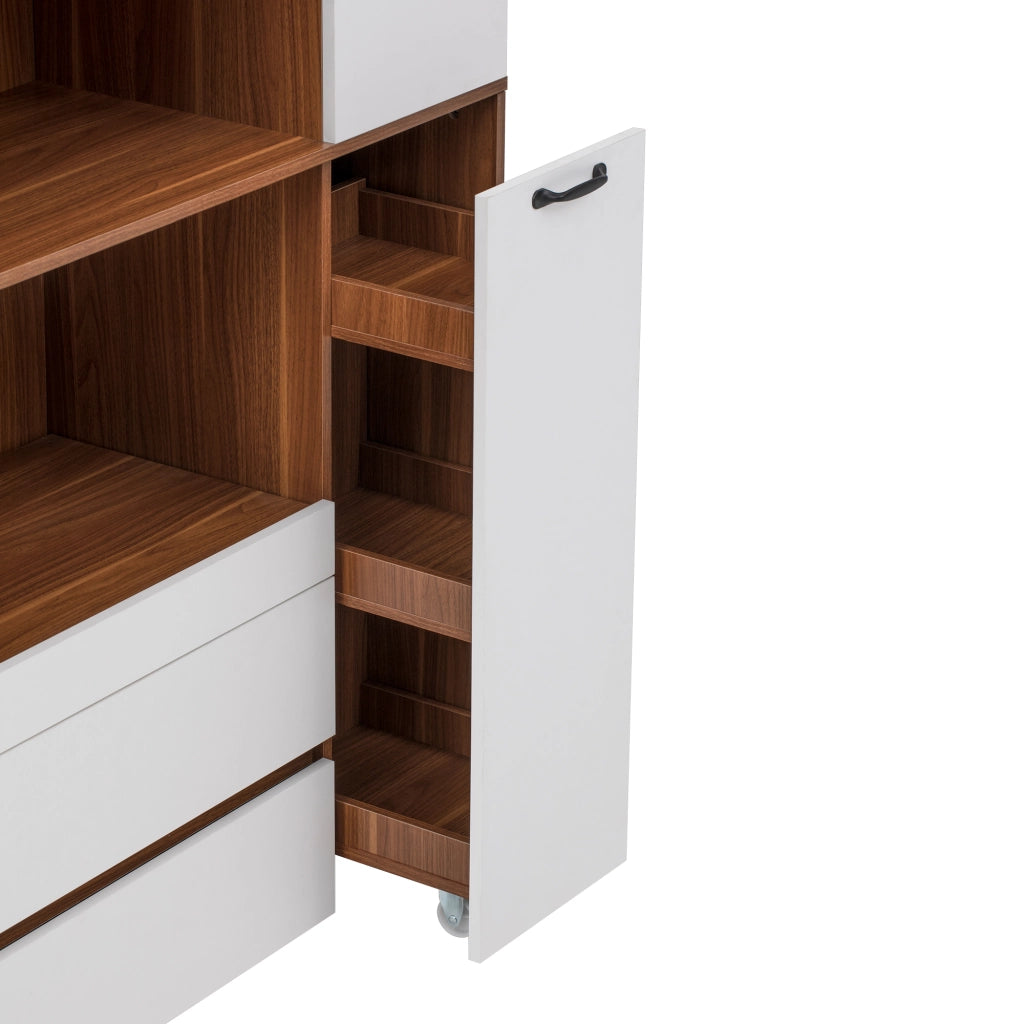 Credenza alta 100x40x200 cm con ripiano estraibile e cassetti in MDF bianco e noce
